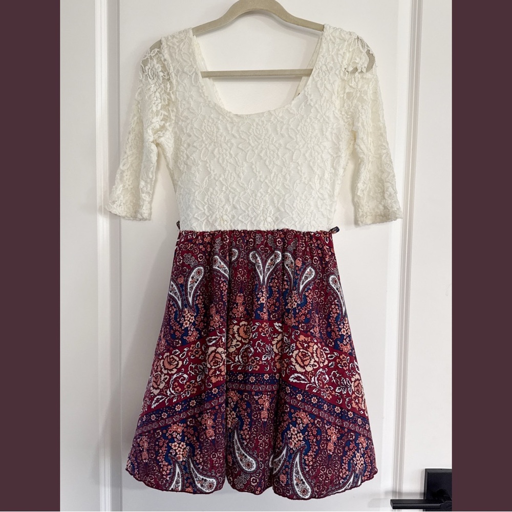 Boho Lace & Paisley Mini Dress Burgundy Ivory Fit Flare S